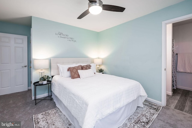 carpeted bedroom featuring ceiling fan