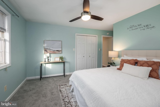 bedroom featuring carpet flooring, ceiling fan, and a closet