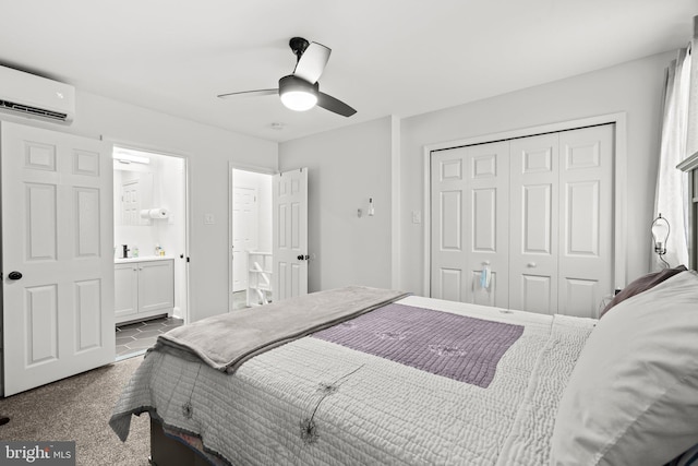 carpeted bedroom featuring ceiling fan, a closet, and a wall unit AC