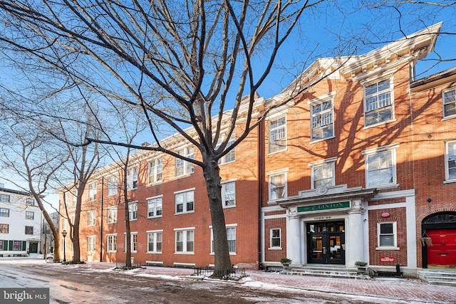 view of snow covered building