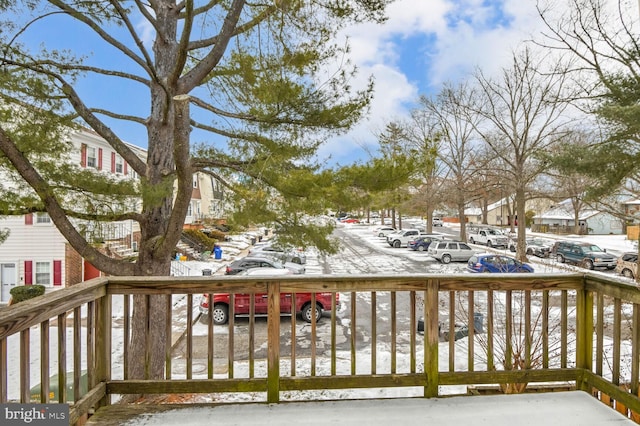 view of snow covered deck