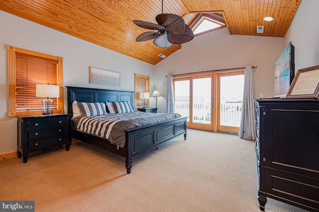 carpeted bedroom featuring wood ceiling, access to outside, high vaulted ceiling, and ceiling fan