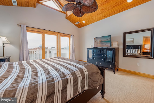 bedroom with high vaulted ceiling, light carpet, wooden ceiling, access to outside, and ceiling fan