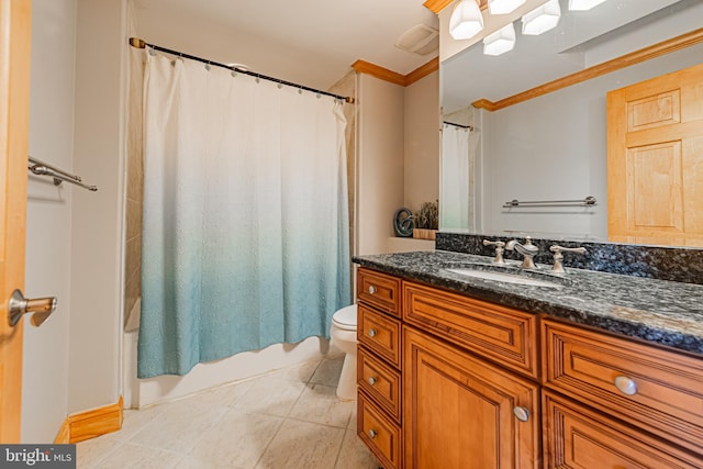 full bathroom with toilet, crown molding, vanity, shower / bath combo, and tile patterned flooring