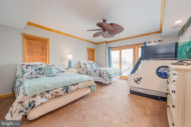 carpeted bedroom with crown molding, access to outside, and ceiling fan