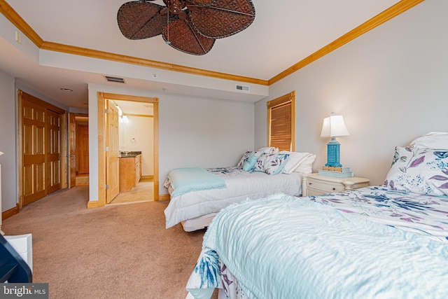 bedroom featuring light carpet and ornamental molding