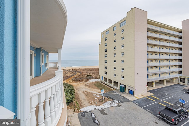 view of building exterior featuring a water view