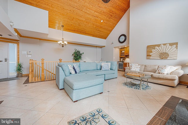 living room with tile patterned flooring, a notable chandelier, wooden ceiling, and high vaulted ceiling