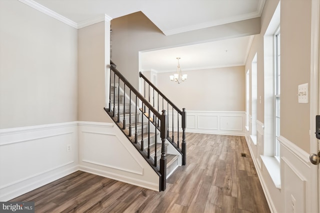 stairway featuring an inviting chandelier, wood-type flooring, and ornamental molding