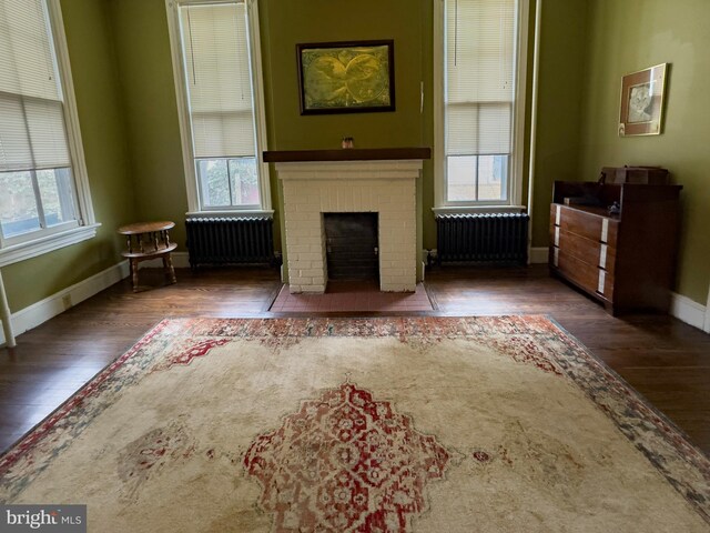 unfurnished room featuring a fireplace, radiator heating unit, and wood finished floors