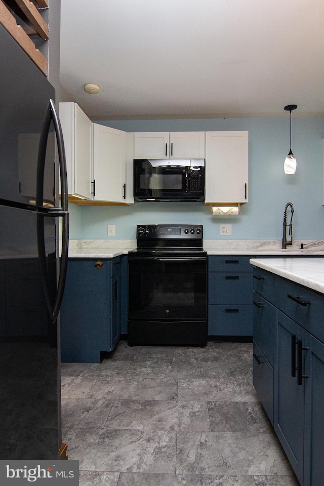 kitchen featuring blue cabinets, sink, black appliances, hanging light fixtures, and white cabinets