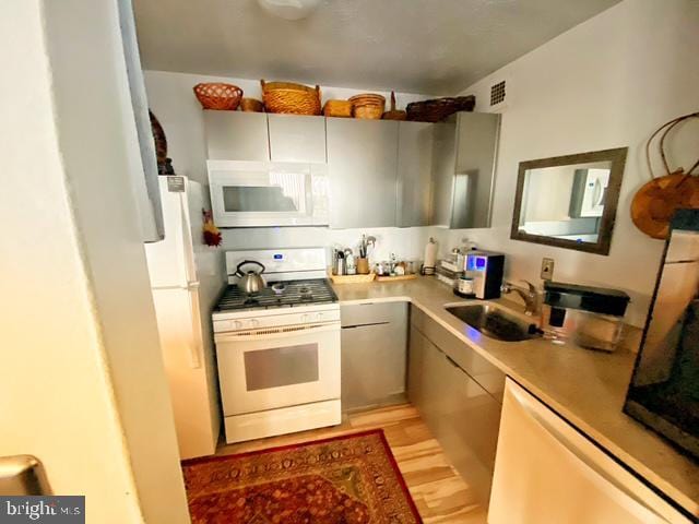 kitchen with white appliances, gray cabinets, sink, and light hardwood / wood-style flooring