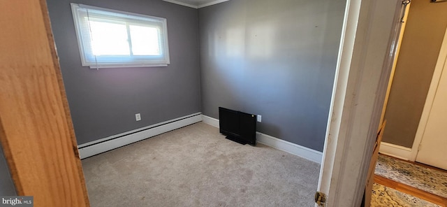 unfurnished room featuring a baseboard radiator, light carpet, and baseboards