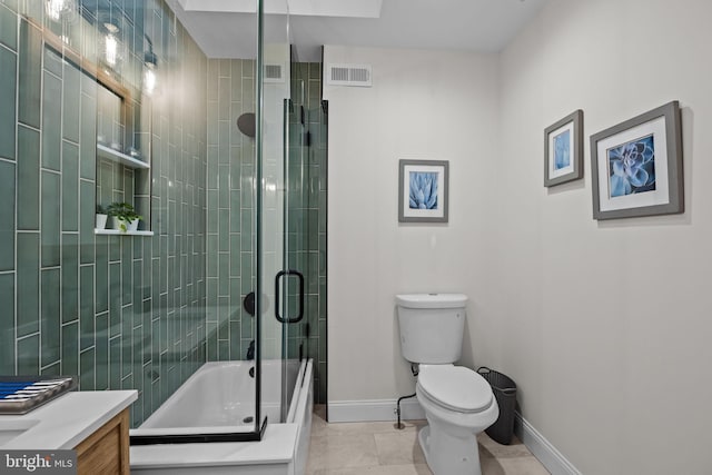 full bathroom with vanity, tile patterned flooring, enclosed tub / shower combo, and toilet