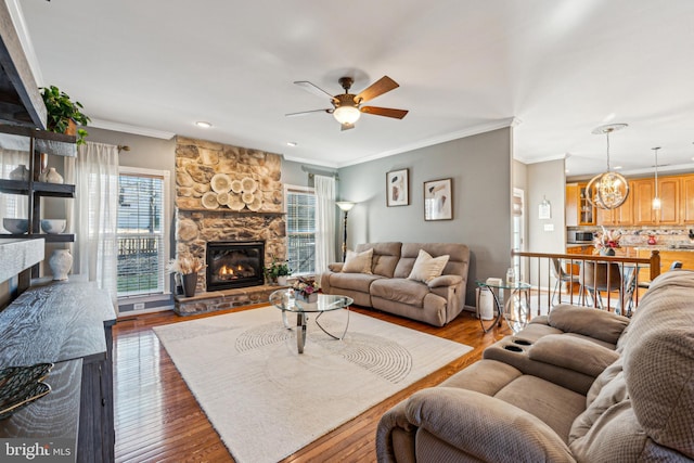 living room featuring plenty of natural light, a fireplace, and hardwood / wood-style floors