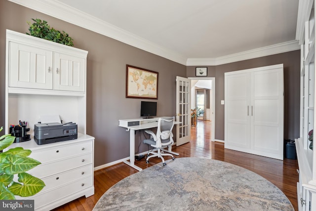 office space featuring ornamental molding, dark hardwood / wood-style floors, and french doors