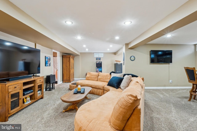 living room featuring light carpet