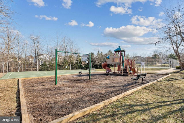 view of jungle gym with basketball hoop