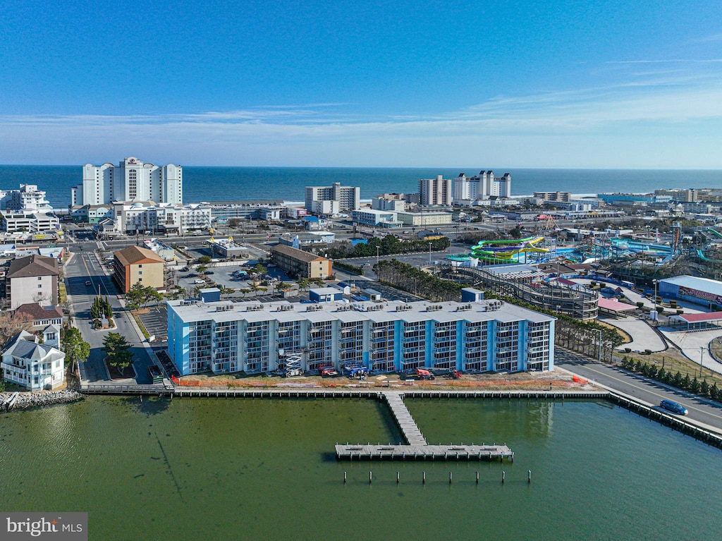 aerial view featuring a water view