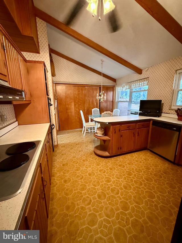 kitchen with wallpapered walls, lofted ceiling with beams, light countertops, appliances with stainless steel finishes, and brown cabinetry