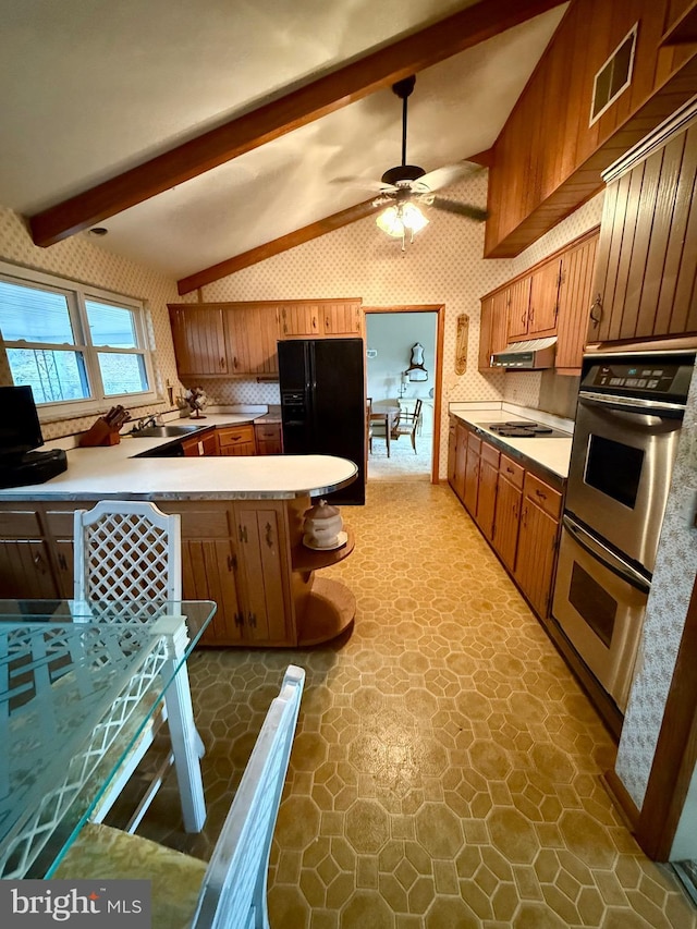 kitchen with visible vents, electric cooktop, ventilation hood, black refrigerator with ice dispenser, and vaulted ceiling with beams