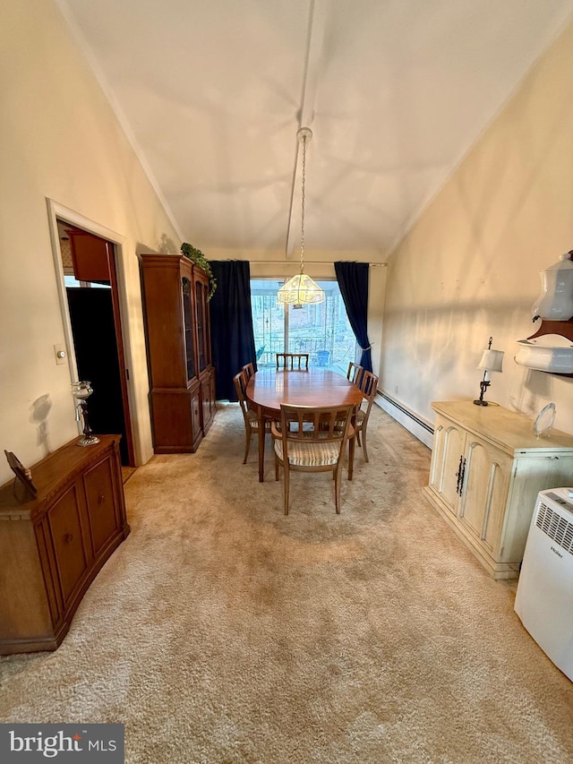 dining room with light carpet, ornamental molding, baseboard heating, a chandelier, and vaulted ceiling