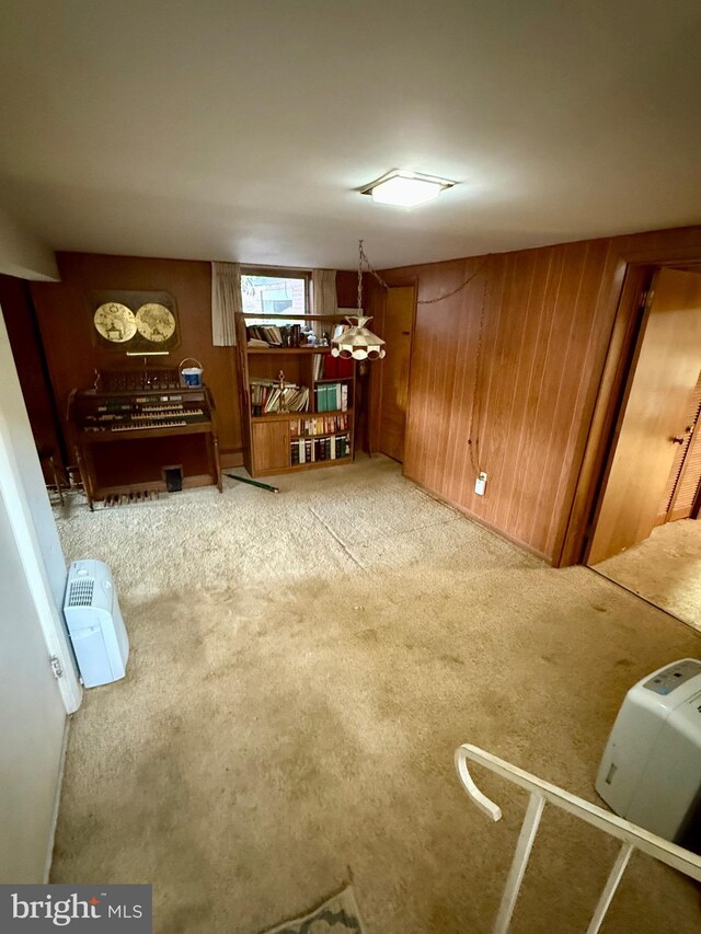 interior space featuring wooden walls and carpet flooring