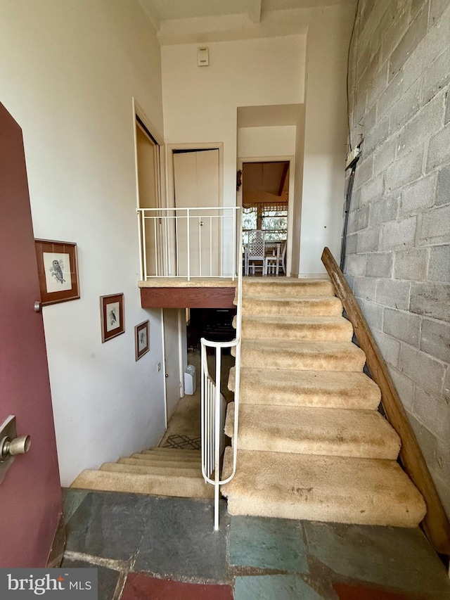 stairway with concrete block wall