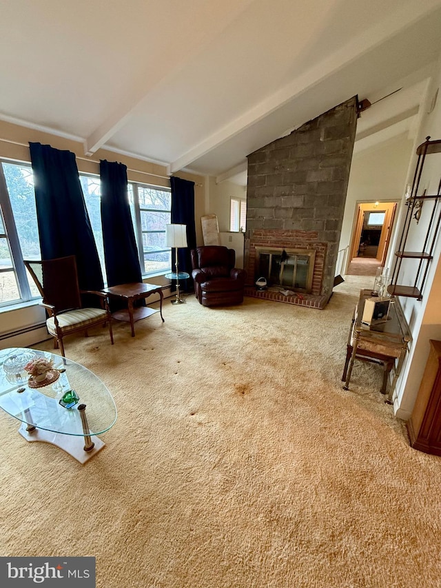 unfurnished living room with carpet floors, a brick fireplace, and vaulted ceiling with beams