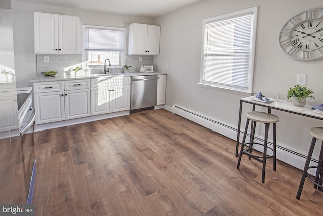 kitchen featuring tasteful backsplash, stainless steel dishwasher, and white cabinets