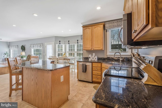 kitchen featuring stainless steel appliances, a center island, sink, and dark stone counters