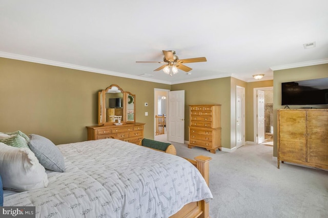 bedroom with ornamental molding, light colored carpet, and ceiling fan