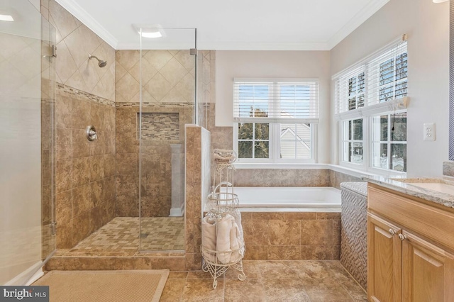 bathroom featuring independent shower and bath, vanity, and crown molding