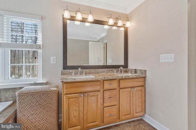 bathroom with vanity, a healthy amount of sunlight, and ornamental molding