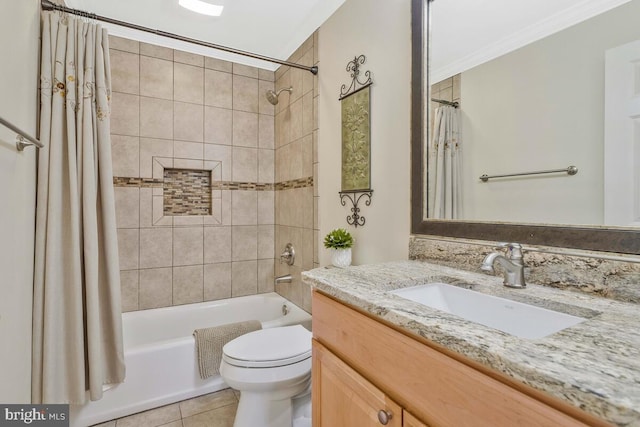 full bathroom with toilet, ornamental molding, vanity, shower / bath combination with curtain, and tile patterned flooring