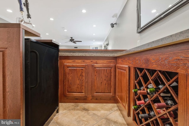 wine cellar featuring crown molding and ceiling fan