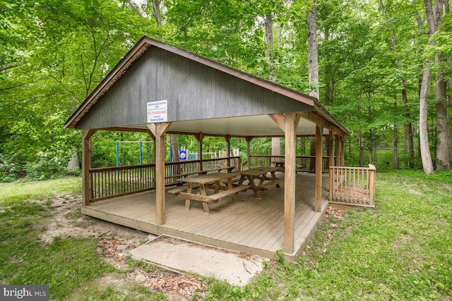 view of community featuring a gazebo and a lawn