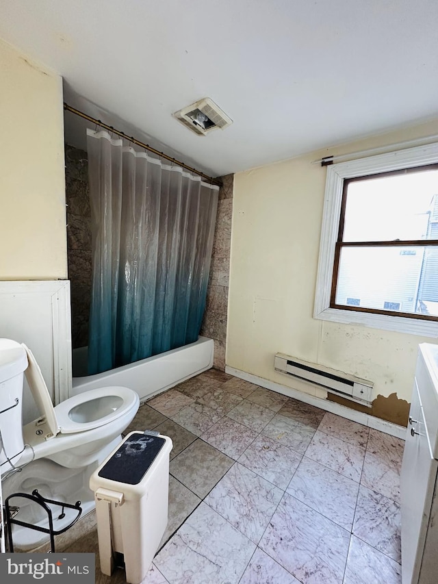 full bathroom with vanity, a baseboard radiator, toilet, and shower / bath combo