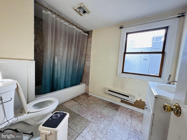 full bathroom featuring vanity, a baseboard heating unit, shower / bath combination with curtain, and toilet