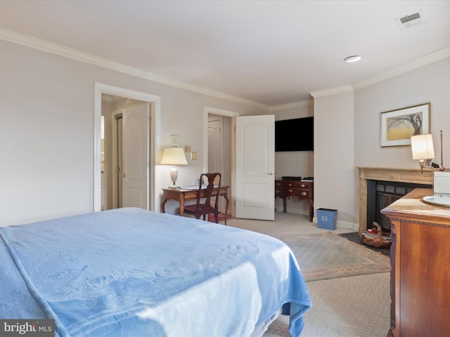 bedroom featuring crown molding and light carpet