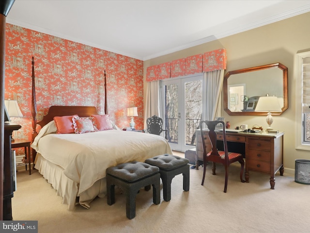 bedroom featuring crown molding, light carpet, access to exterior, and french doors