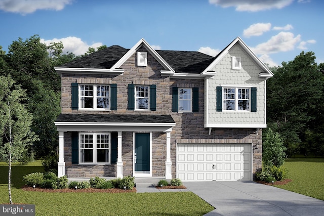 craftsman-style home featuring a garage and a front lawn