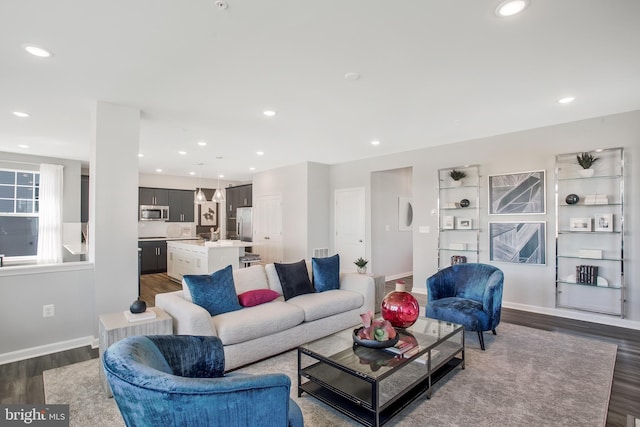 living room with dark hardwood / wood-style floors