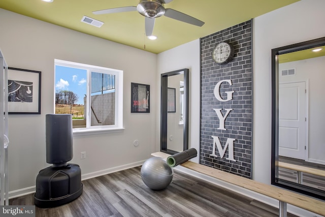 workout area featuring hardwood / wood-style floors and ceiling fan