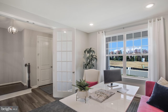 home office featuring dark hardwood / wood-style floors