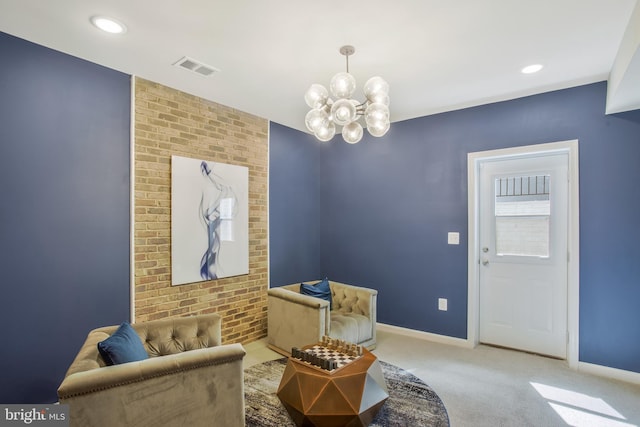 living area with light colored carpet and a notable chandelier