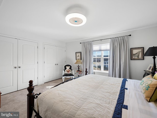 carpeted bedroom featuring multiple closets