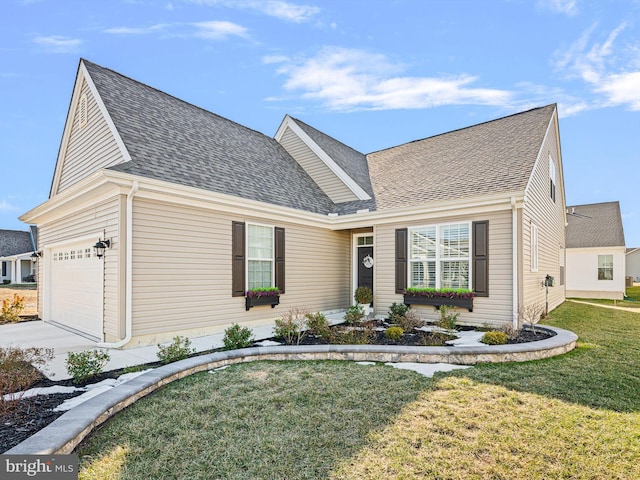 front facade with a garage and a front lawn