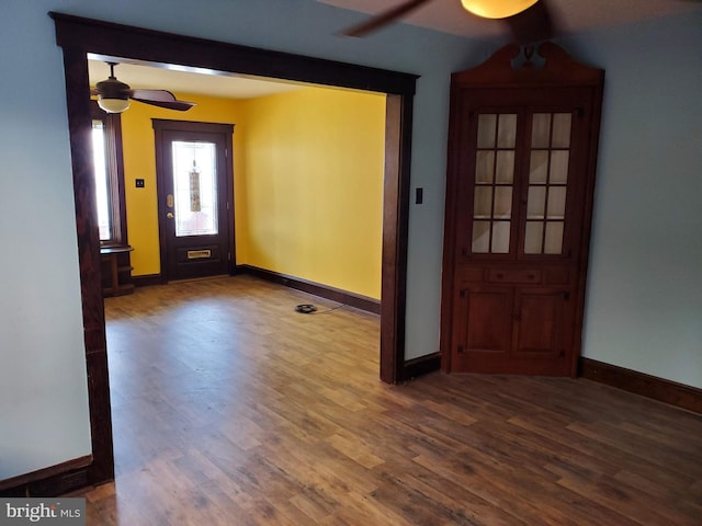 entryway featuring ceiling fan and hardwood / wood-style floors