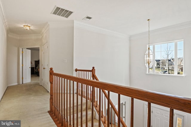 hallway featuring an upstairs landing, visible vents, light colored carpet, and ornamental molding